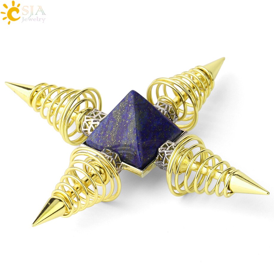 CSJA Natural Stones Pyramid Decoration 4 Points Spring Cone Pendulums Energy Healing Spiritual Meditation Women Men Jewelry G316