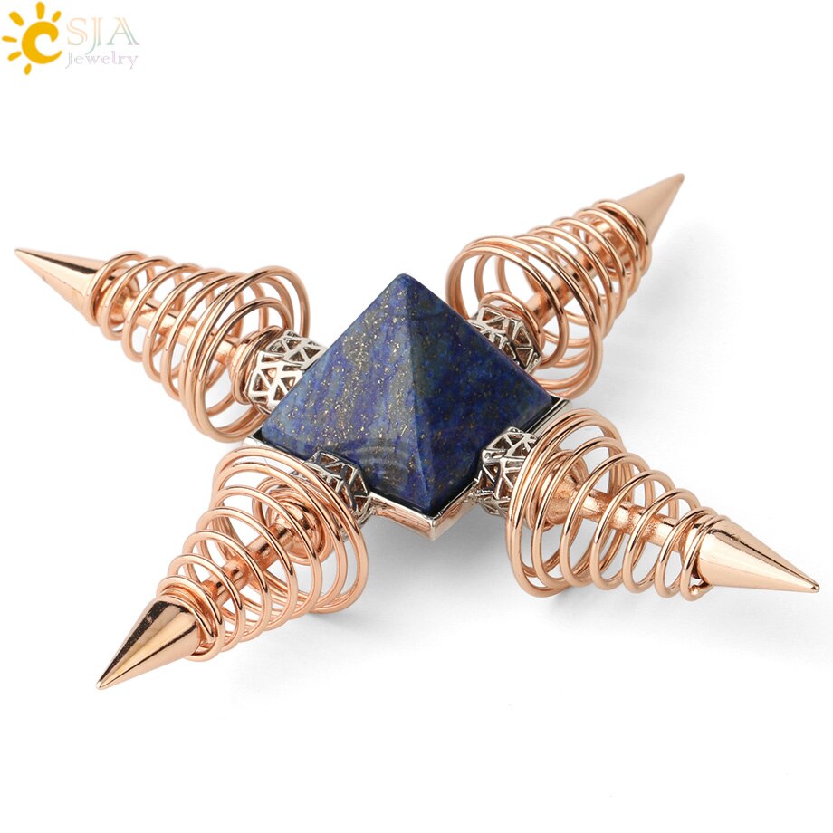 CSJA Natural Stones Pyramid Decoration 4 Points Spring Cone Pendulums Energy Healing Spiritual Meditation Women Men Jewelry G316