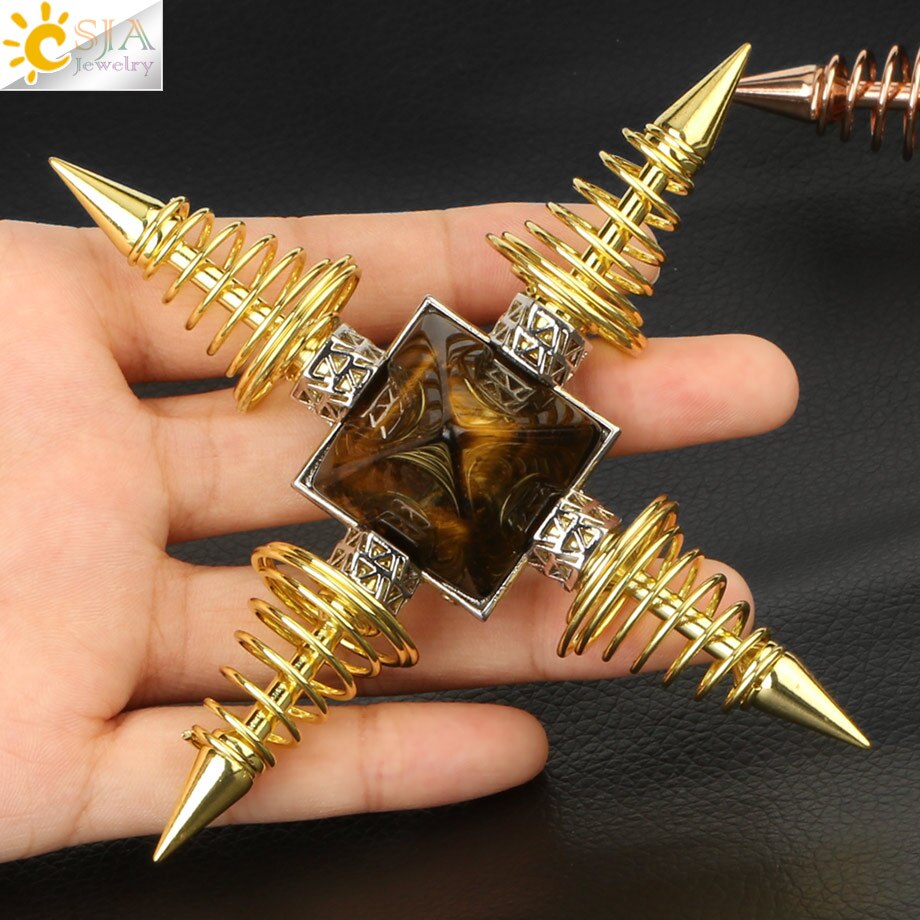 CSJA Natural Stones Pyramid Decoration 4 Points Spring Cone Pendulums Energy Healing Spiritual Meditation Women Men Jewelry G316