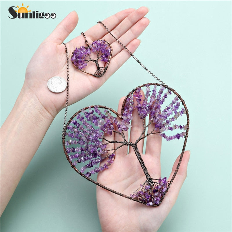 Sunligoo Double Heart Tree of Life Hanging Ornament Chakra Feng Shui Gemstones Spiritual Meditation Garden Wedding Home Decor