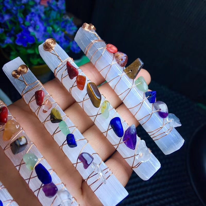 Chakra Healing Crystals Stones Beads Wire Wrapped Raw Selenite Stick Wand for Yoga Meditation,Spiritual,Reiki Balancing