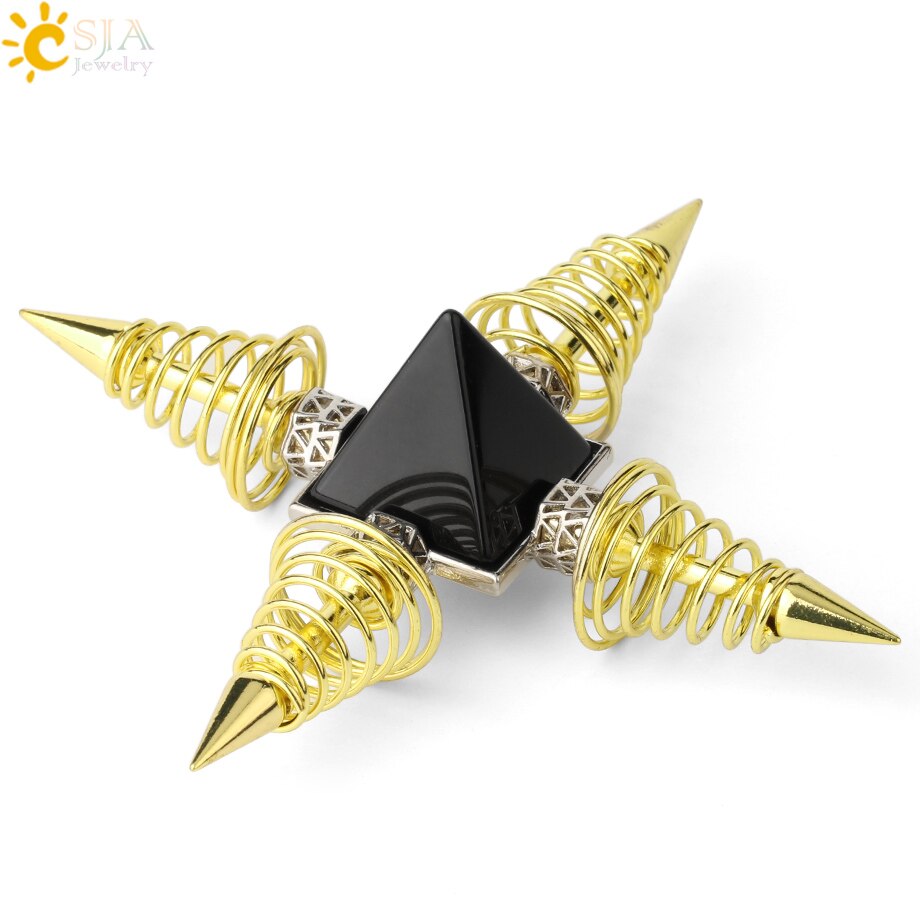 CSJA Natural Stones Pyramid Decoration 4 Points Spring Cone Pendulums Energy Healing Spiritual Meditation Women Men Jewelry G316