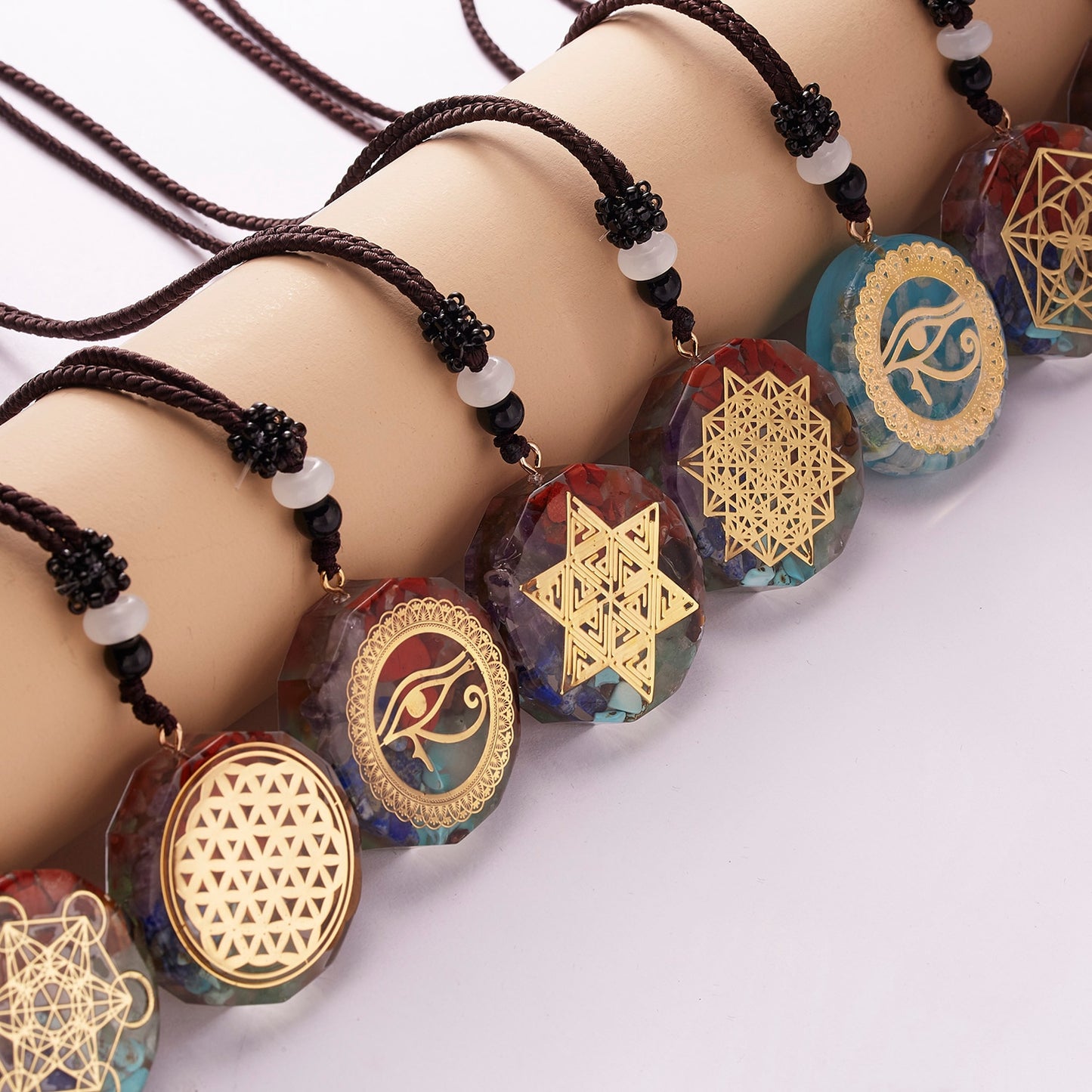 Geometric Pattern Chakras Orgonite Natural Stone Pendant Rope Chain Healing Energy Necklace For Women Men Meditation Jewelry