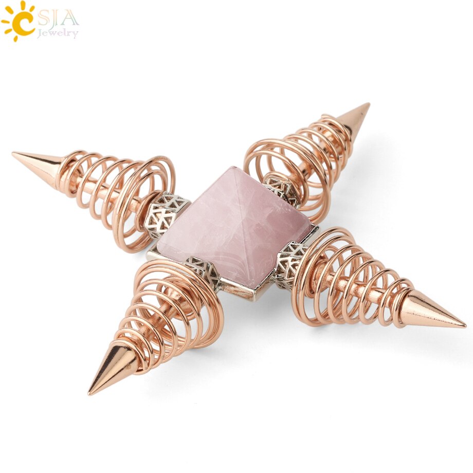 CSJA Natural Stones Pyramid Decoration 4 Points Spring Cone Pendulums Energy Healing Spiritual Meditation Women Men Jewelry G316