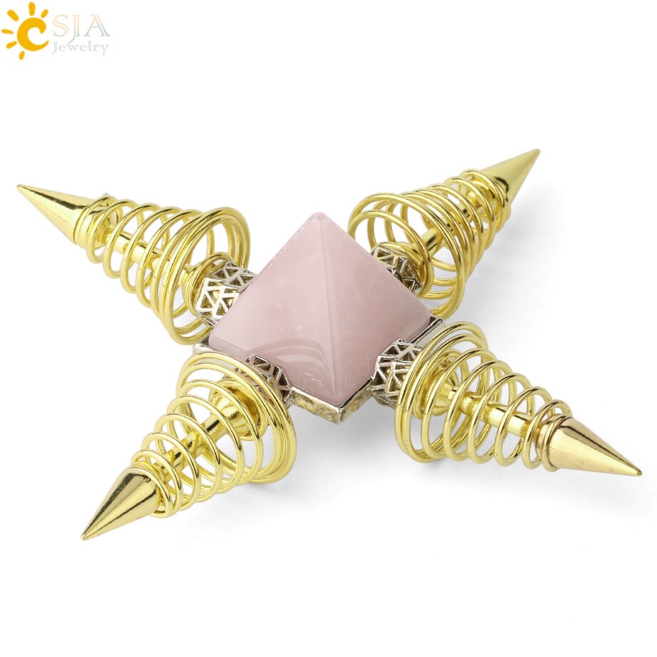 CSJA Natural Stones Pyramid Decoration 4 Points Spring Cone Pendulums Energy Healing Spiritual Meditation Women Men Jewelry G316