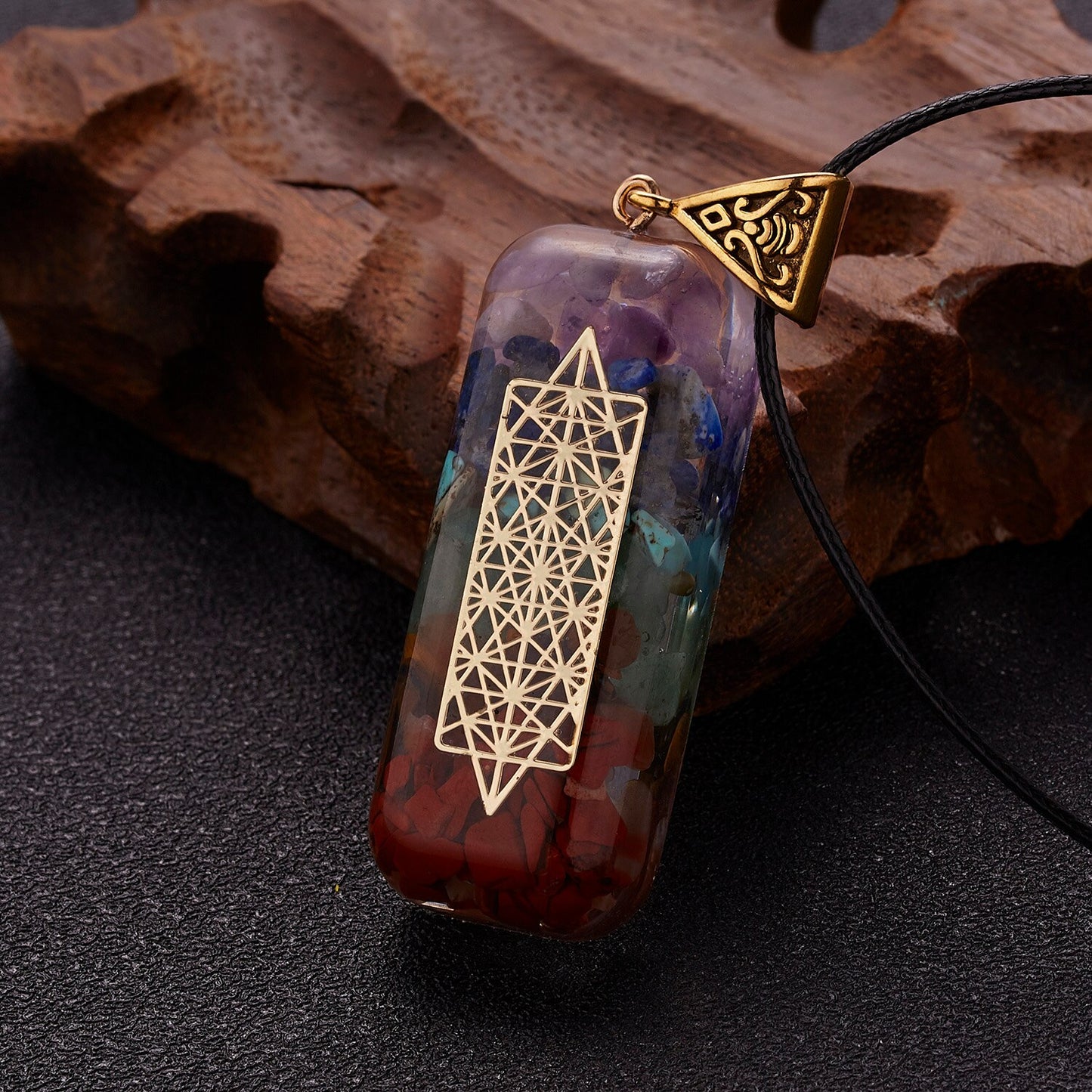 Geometric Pattern Chakras Orgonite Natural Stone Pendant Rope Chain Healing Energy Necklace For Women Men Meditation Jewelry