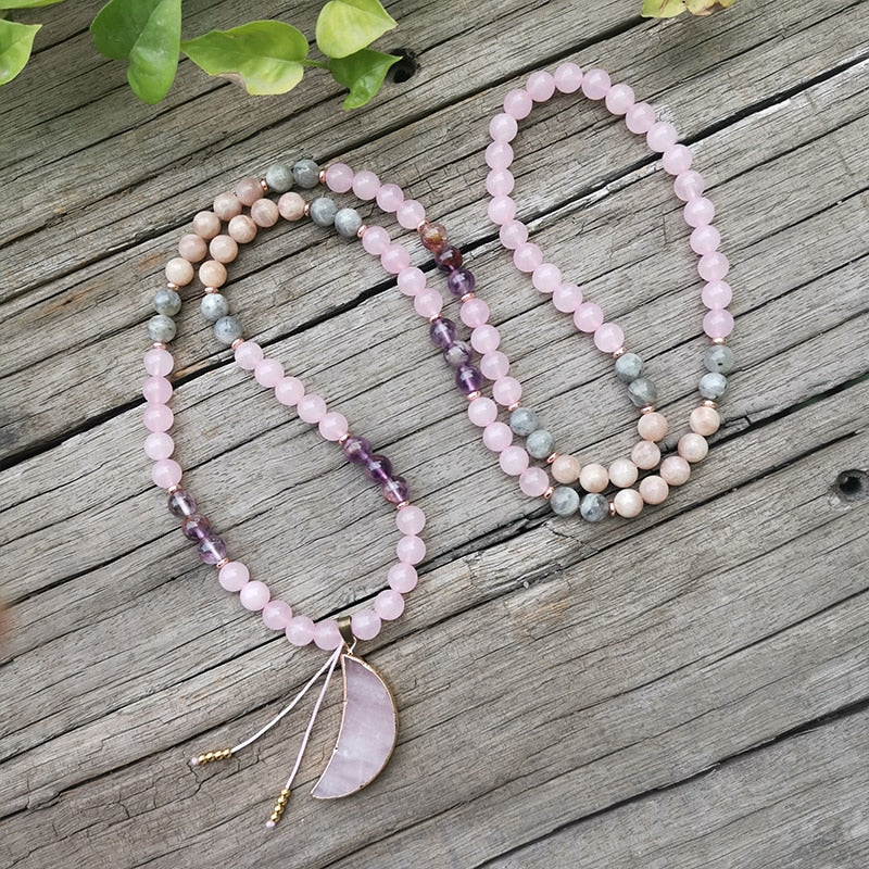 8mm Natural Stone Beads,Labradorite,Rose Quartz,Moon,JapaMala Sets,Spiritual Jewelry,Meditation,Inspirational,108 Mala Beads