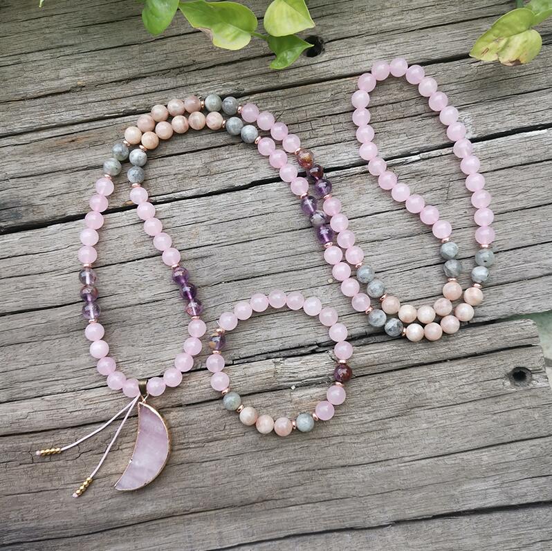 8mm Natural Stone Beads,Labradorite,Rose Quartz,Moon,JapaMala Sets,Spiritual Jewelry,Meditation,Inspirational,108 Mala Beads