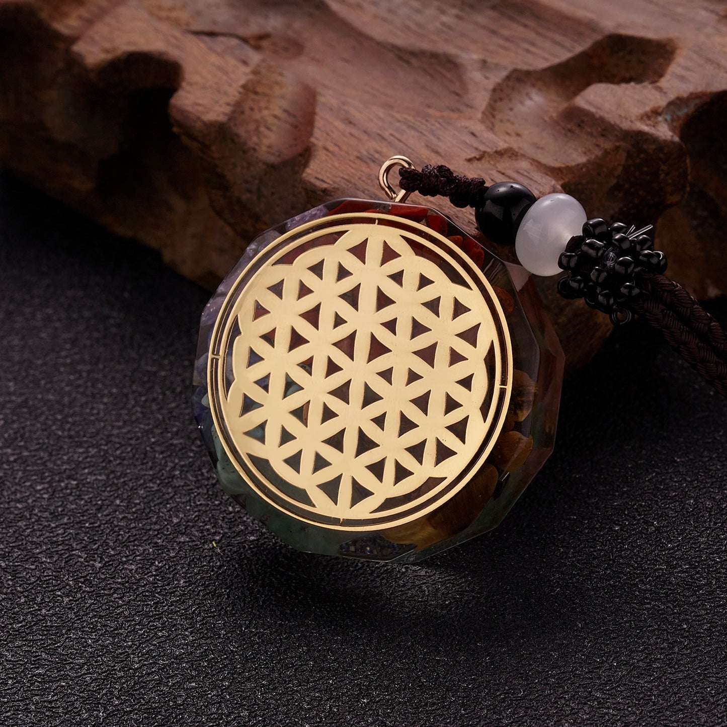 Geometric Pattern Chakras Orgonite Natural Stone Pendant Rope Chain Healing Energy Necklace For Women Men Meditation Jewelry