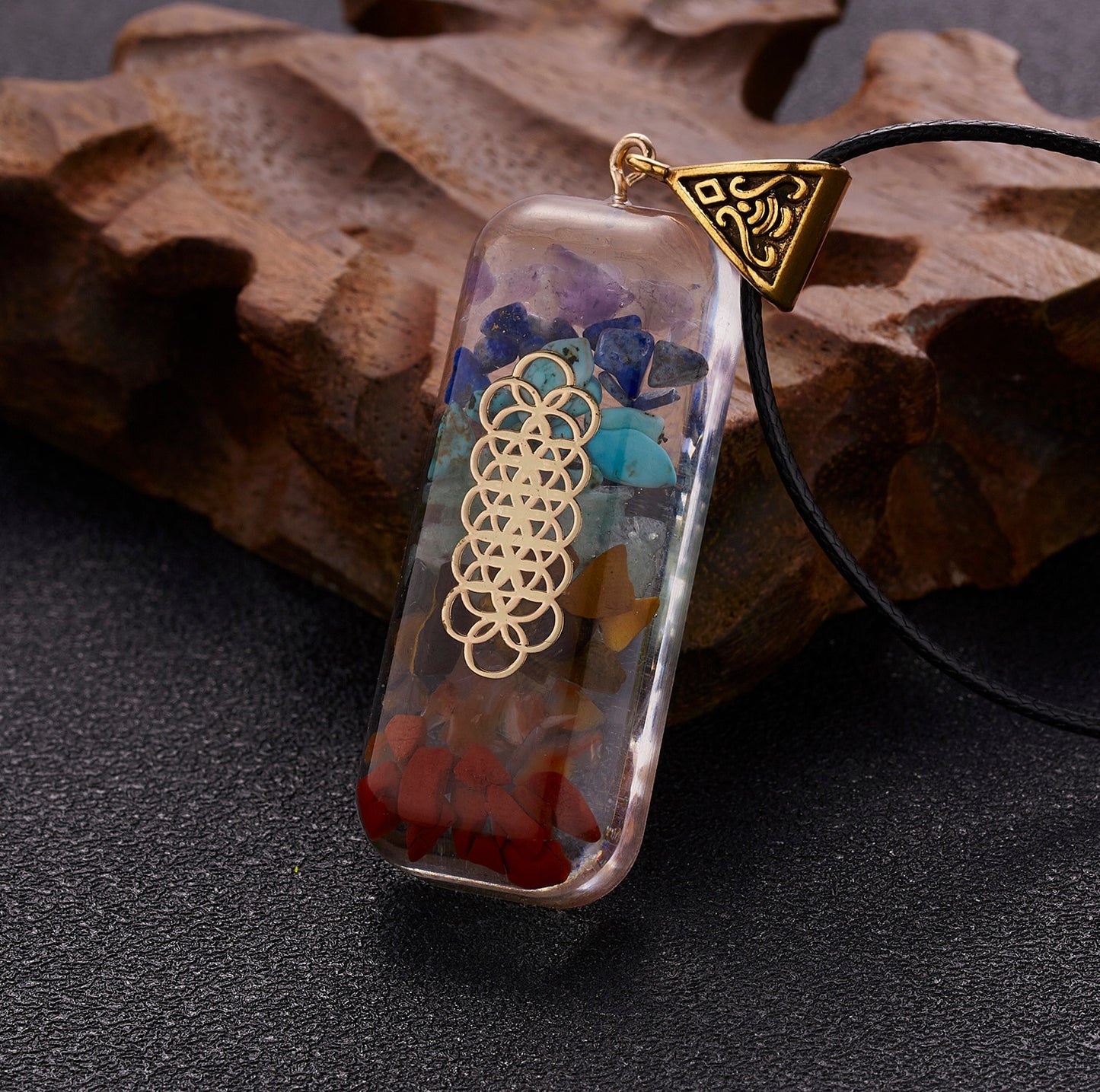 Geometric Pattern Chakras Orgonite Natural Stone Pendant Rope Chain Healing Energy Necklace For Women Men Meditation Jewelry