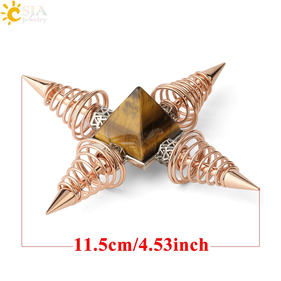 CSJA Natural Stones Pyramid Decoration 4 Points Spring Cone Pendulums Energy Healing Spiritual Meditation Women Men Jewelry G316