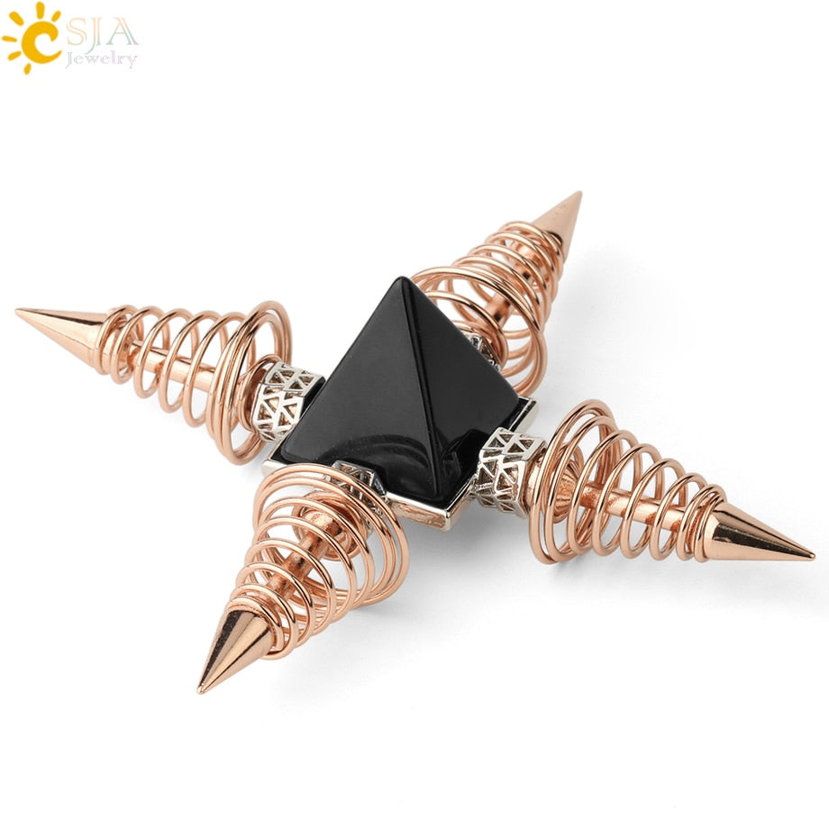 CSJA Natural Stones Pyramid Decoration 4 Points Spring Cone Pendulums Energy Healing Spiritual Meditation Women Men Jewelry G316