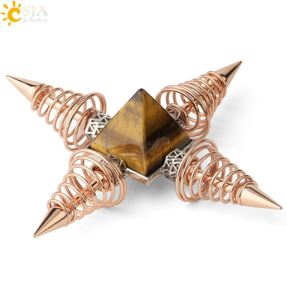 CSJA Natural Stones Pyramid Decoration 4 Points Spring Cone Pendulums Energy Healing Spiritual Meditation Women Men Jewelry G316