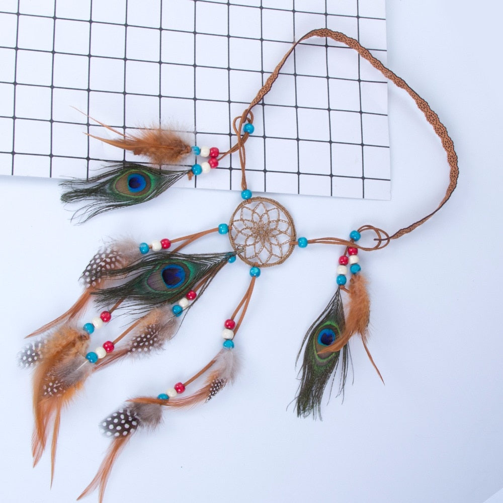 Haimeikang Bohemian Hippie Headband Dream Catcher Feather Headdress Fashion Peacock Feather Headbands Hair Accessories