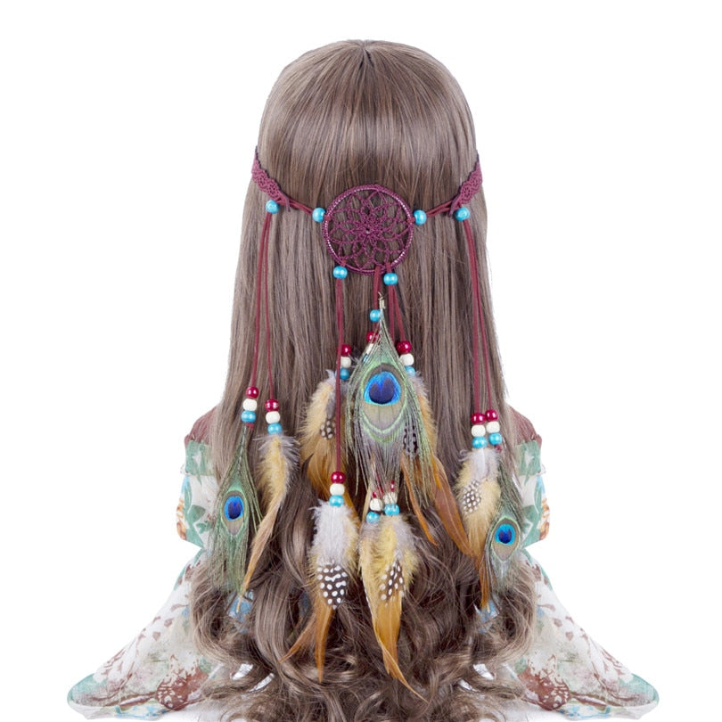 Haimeikang Bohemian Hippie Headband Dream Catcher Feather Headdress Fashion Peacock Feather Headbands Hair Accessories