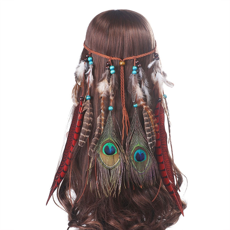 Haimeikang Bohemian Hippie Headband Dream Catcher Feather Headdress Fashion Peacock Feather Headbands Hair Accessories