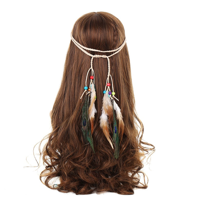 Haimeikang Bohemian Hippie Headband Dream Catcher Feather Headdress Fashion Peacock Feather Headbands Hair Accessories