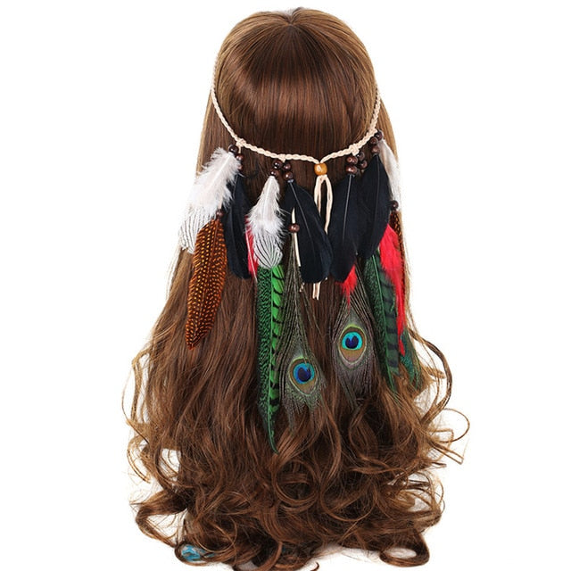 Haimeikang Bohemian Hippie Headband Dream Catcher Feather Headdress Fashion Peacock Feather Headbands Hair Accessories