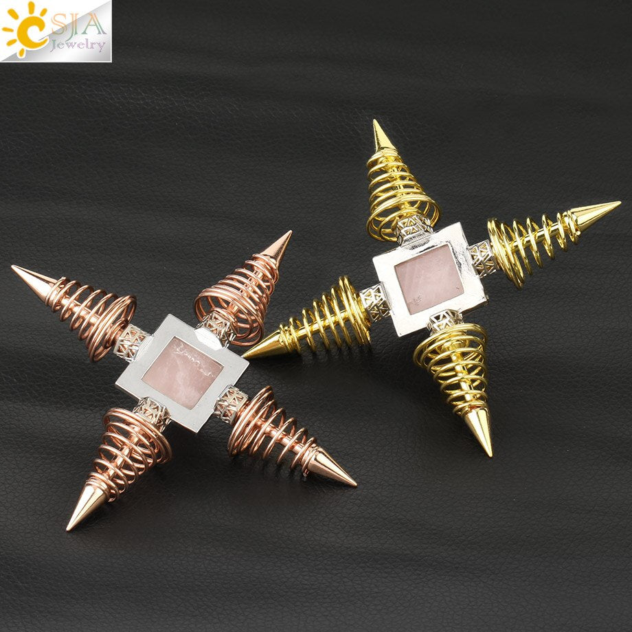 CSJA Natural Stones Pyramid Decoration 4 Points Spring Cone Pendulums Energy Healing Spiritual Meditation Women Men Jewelry G316