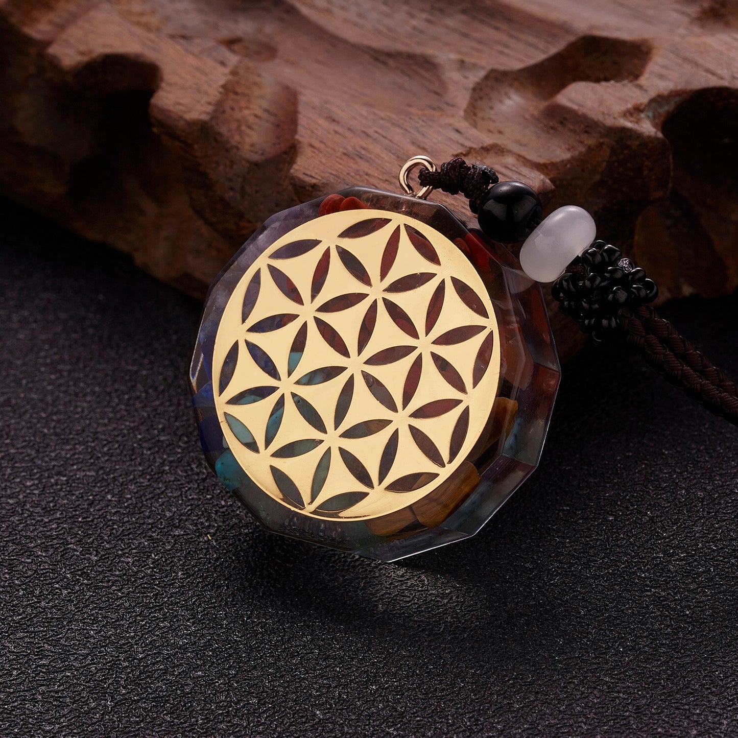 Geometric Pattern Chakras Orgonite Natural Stone Pendant Rope Chain Healing Energy Necklace For Women Men Meditation Jewelry