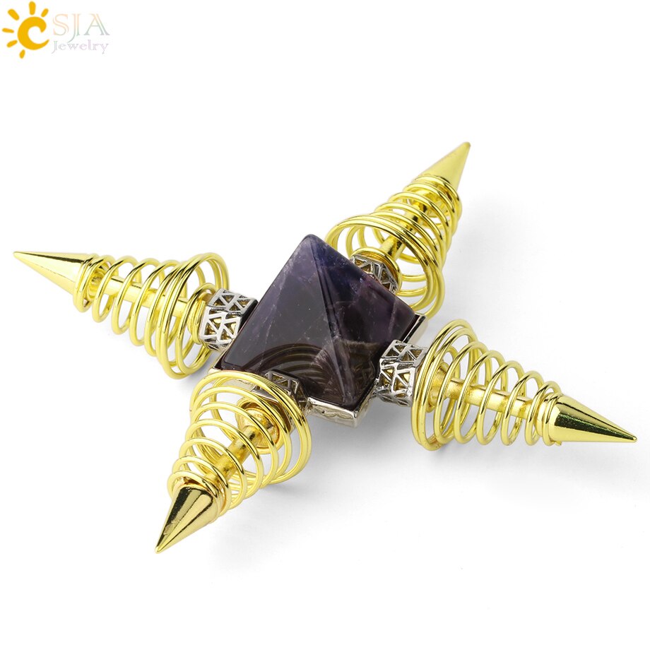 CSJA Natural Stones Pyramid Decoration 4 Points Spring Cone Pendulums Energy Healing Spiritual Meditation Women Men Jewelry G316