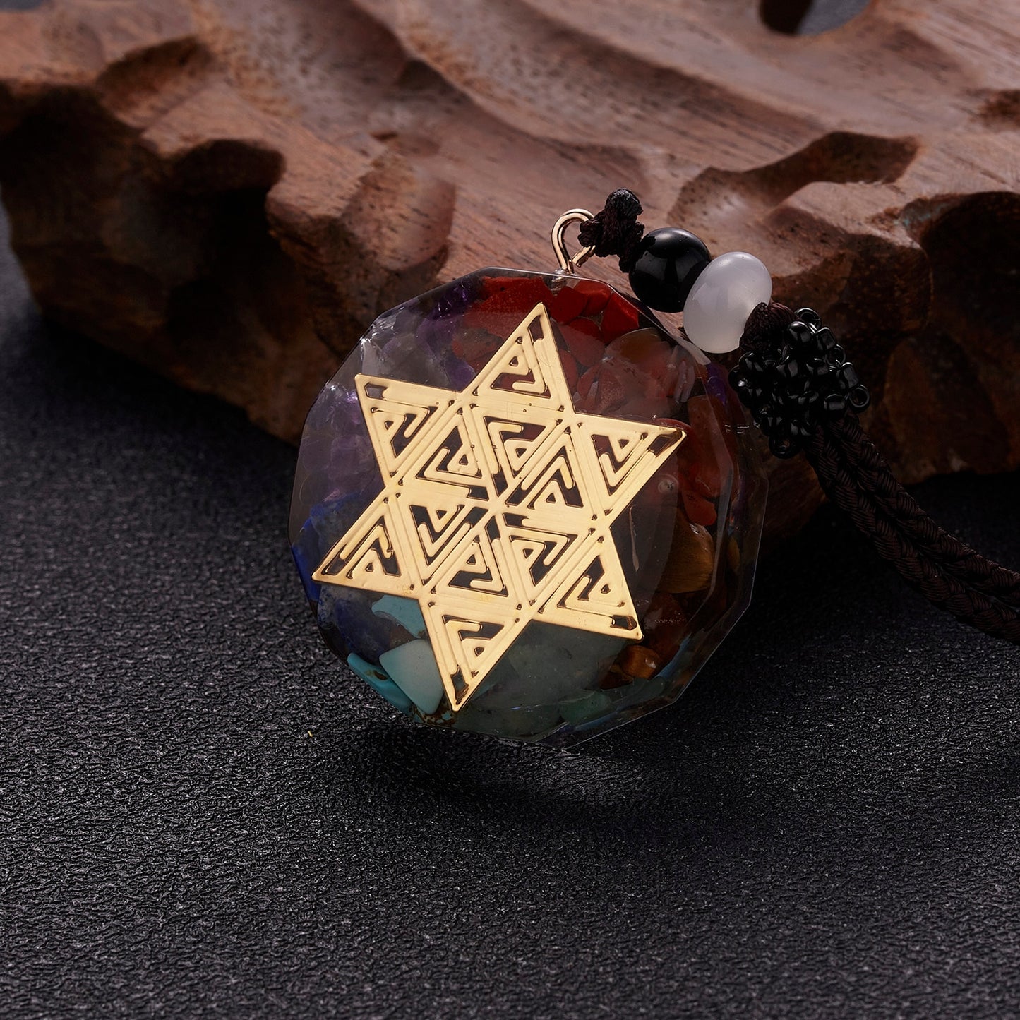 Geometric Pattern Chakras Orgonite Natural Stone Pendant Rope Chain Healing Energy Necklace For Women Men Meditation Jewelry