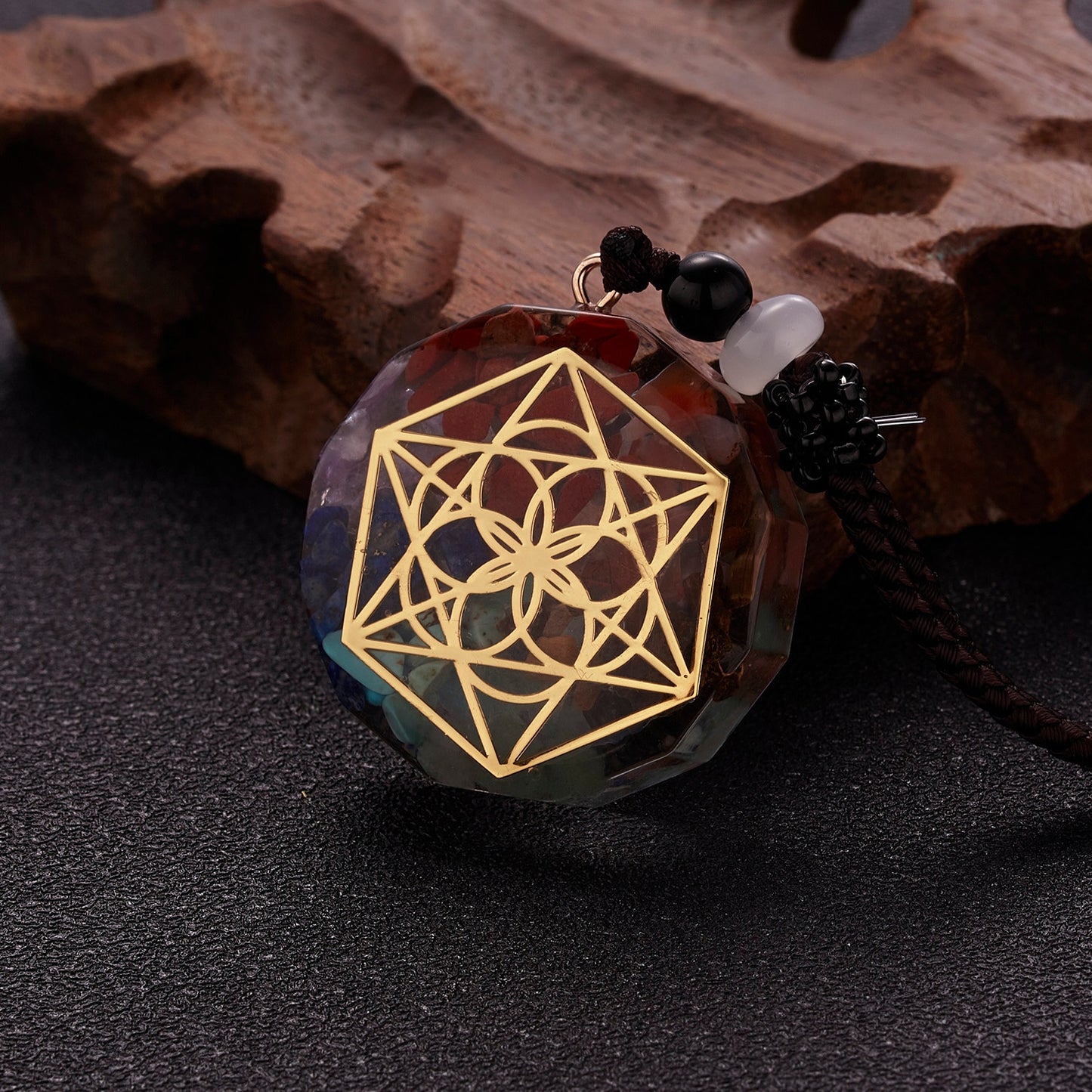 Geometric Pattern Chakras Orgonite Natural Stone Pendant Rope Chain Healing Energy Necklace For Women Men Meditation Jewelry