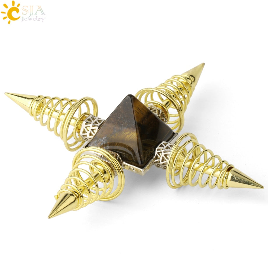 CSJA Natural Stones Pyramid Decoration 4 Points Spring Cone Pendulums Energy Healing Spiritual Meditation Women Men Jewelry G316