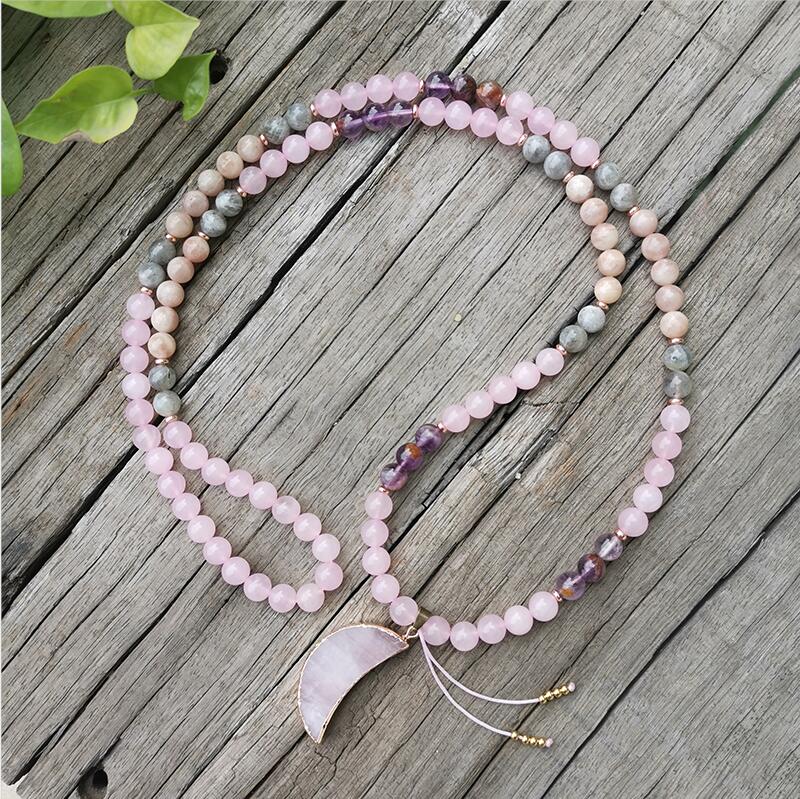 8mm Natural Stone Beads,Labradorite,Rose Quartz,Moon,JapaMala Sets,Spiritual Jewelry,Meditation,Inspirational,108 Mala Beads