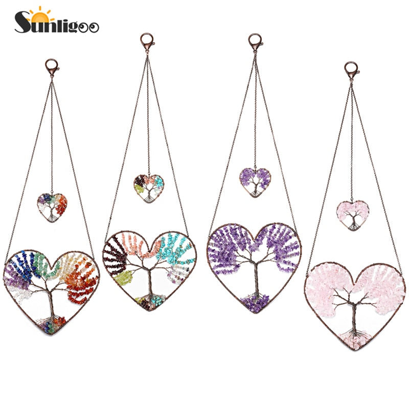 Sunligoo Double Heart Tree of Life Hanging Ornament Chakra Feng Shui Gemstones Spiritual Meditation Garden Wedding Home Decor