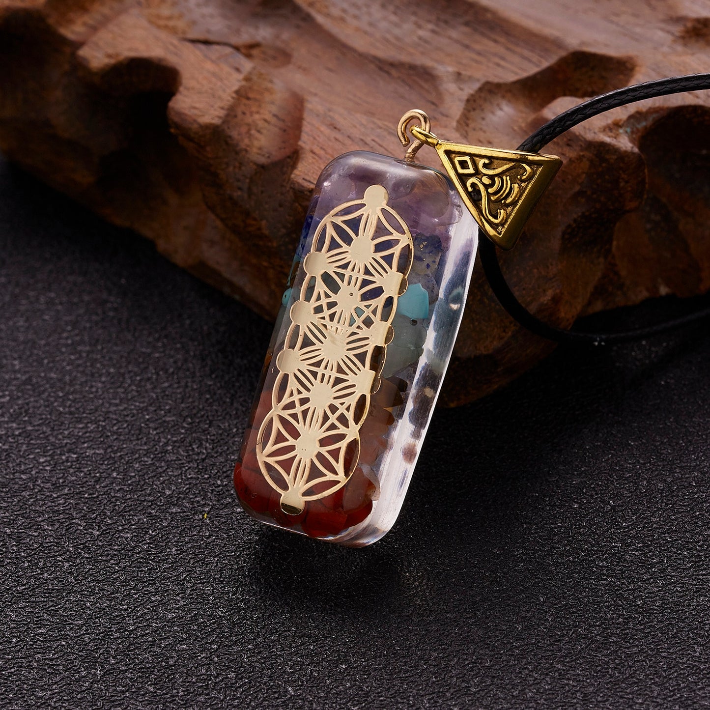 Geometric Pattern Chakras Orgonite Natural Stone Pendant Rope Chain Healing Energy Necklace For Women Men Meditation Jewelry