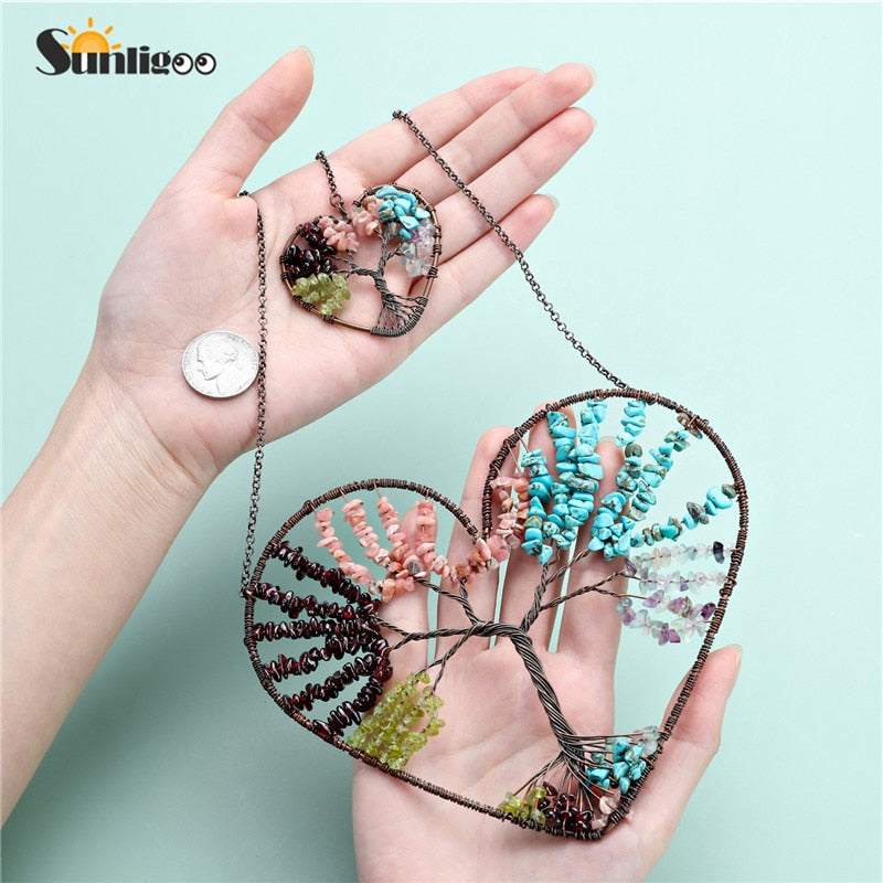 Sunligoo Double Heart Tree of Life Hanging Ornament Chakra Feng Shui Gemstones Spiritual Meditation Garden Wedding Home Decor