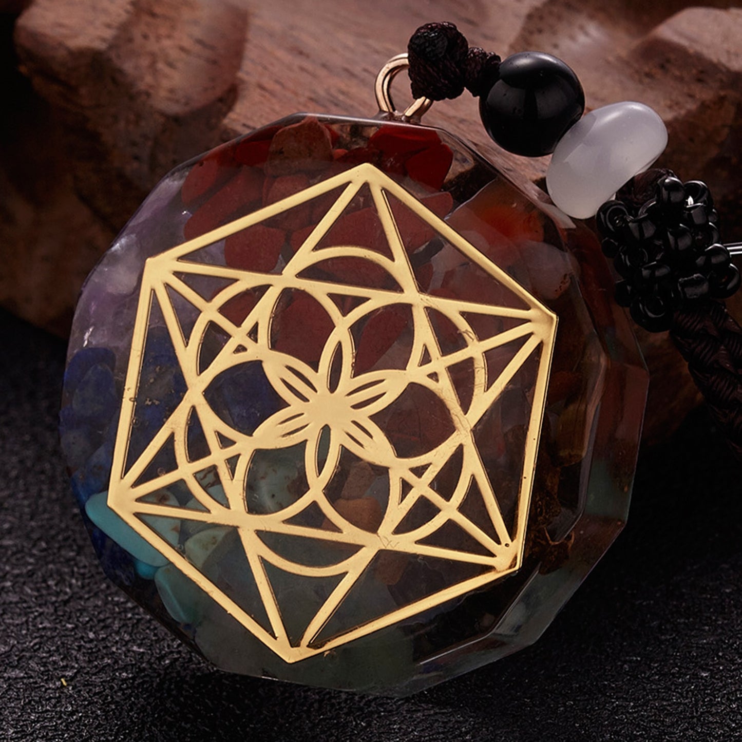 Geometric Pattern Chakras Orgonite Natural Stone Pendant Rope Chain Healing Energy Necklace For Women Men Meditation Jewelry