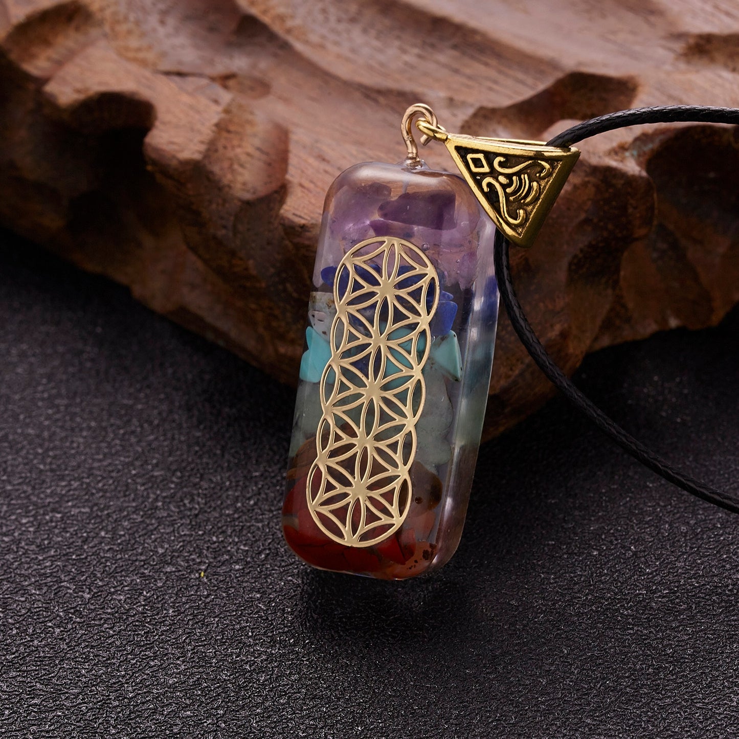 Geometric Pattern Chakras Orgonite Natural Stone Pendant Rope Chain Healing Energy Necklace For Women Men Meditation Jewelry