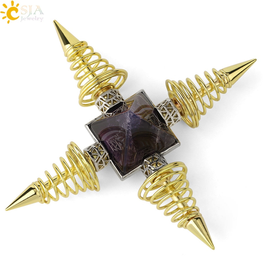 CSJA Natural Stones Pyramid Decoration 4 Points Spring Cone Pendulums Energy Healing Spiritual Meditation Women Men Jewelry G316