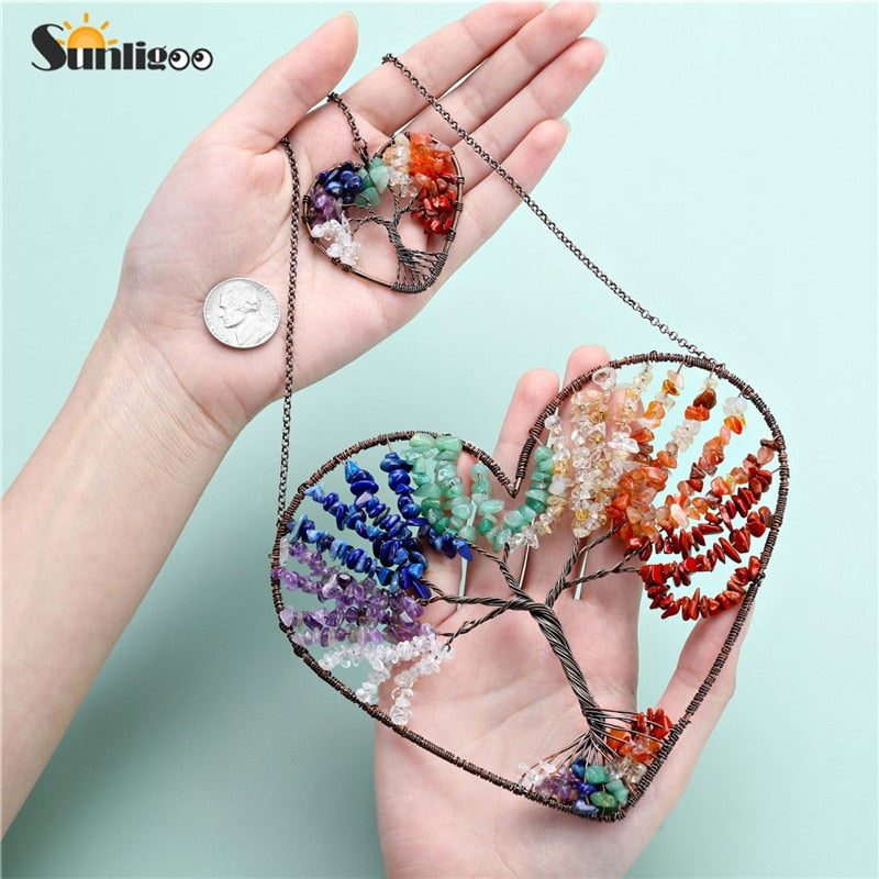 Sunligoo Double Heart Tree of Life Hanging Ornament Chakra Feng Shui Gemstones Spiritual Meditation Garden Wedding Home Decor