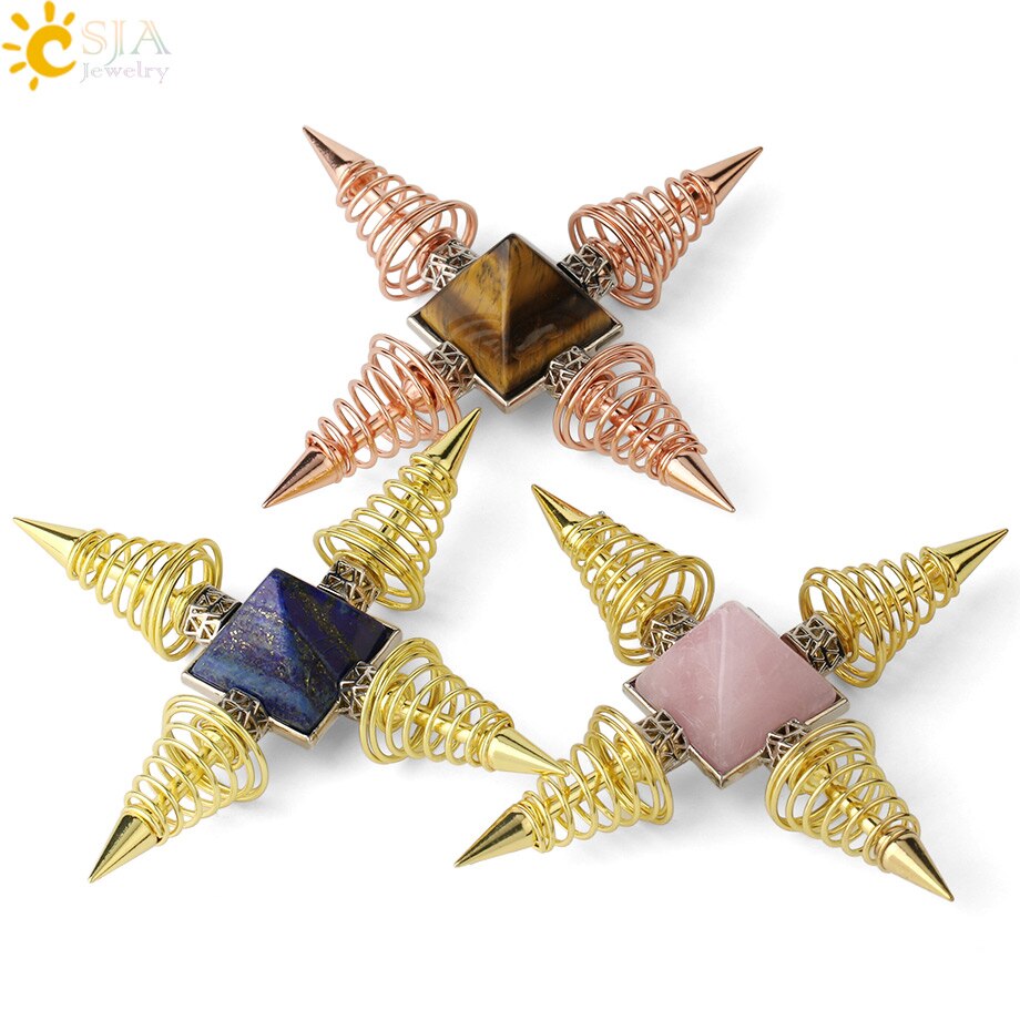 CSJA Natural Stones Pyramid Decoration 4 Points Spring Cone Pendulums Energy Healing Spiritual Meditation Women Men Jewelry G316