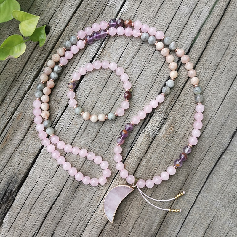 8mm Natural Stone Beads,Labradorite,Rose Quartz,Moon,JapaMala Sets,Spiritual Jewelry,Meditation,Inspirational,108 Mala Beads