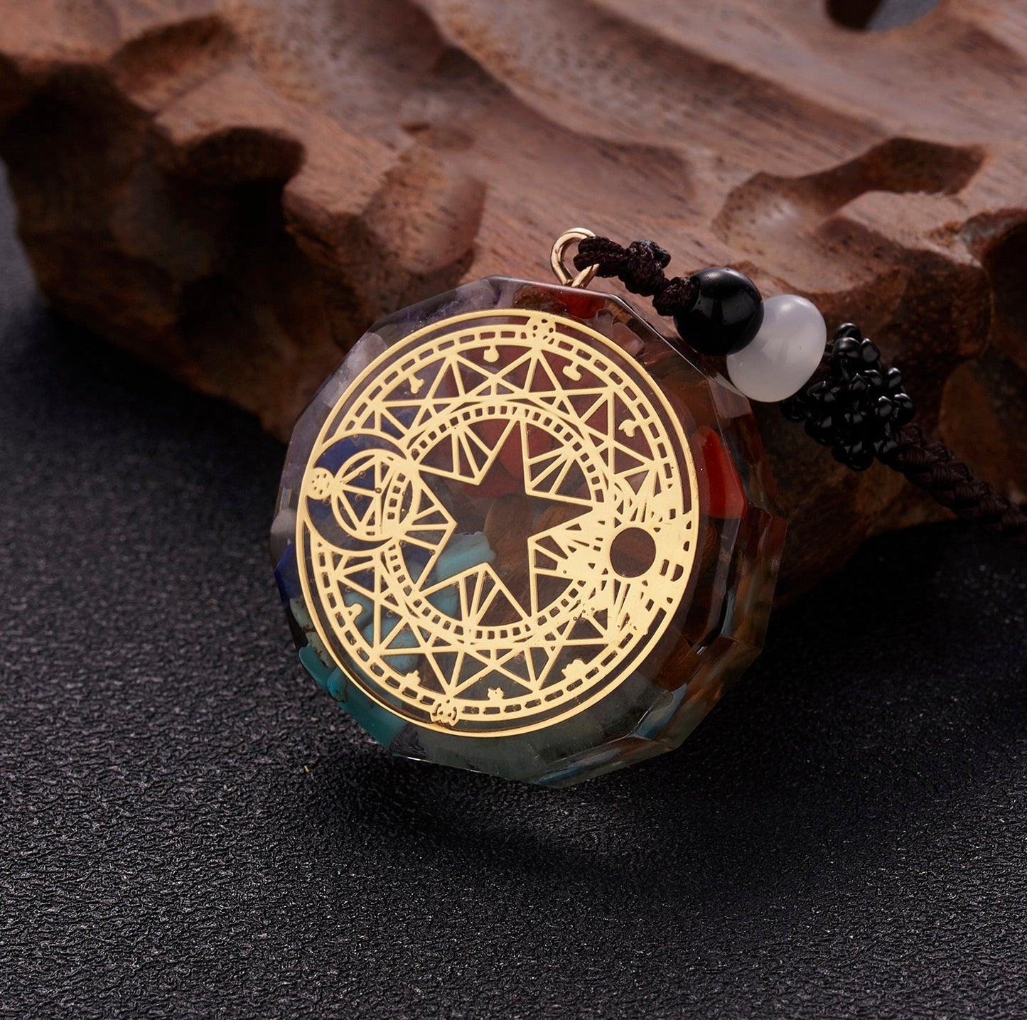 Geometric Pattern Chakras Orgonite Natural Stone Pendant Rope Chain Healing Energy Necklace For Women Men Meditation Jewelry