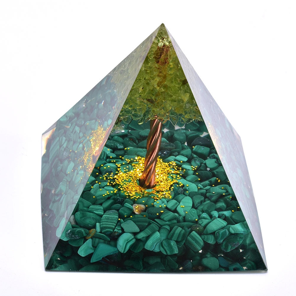 6cm Tree of Life Orgone Pyramid Mold Malachite Peridot Healing Crystal Energy Orgone Pyramid EMF Protection Meditation Tool