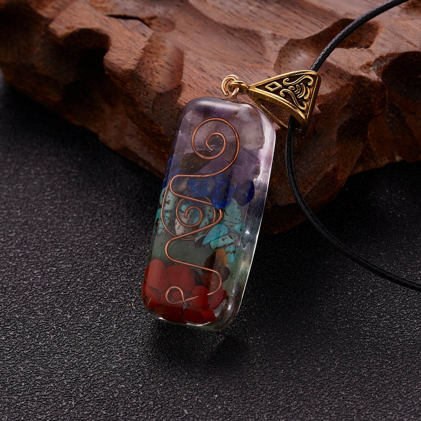 Geometric Pattern Chakras Orgonite Natural Stone Pendant Rope Chain Healing Energy Necklace For Women Men Meditation Jewelry