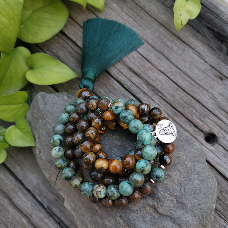 8mm Natural Stone Beads,African Turquoise,Bronzite,Awaken,JapaMala Sets,Spiritual Jewelry,Meditation,Inspirational,108 Mala Bead