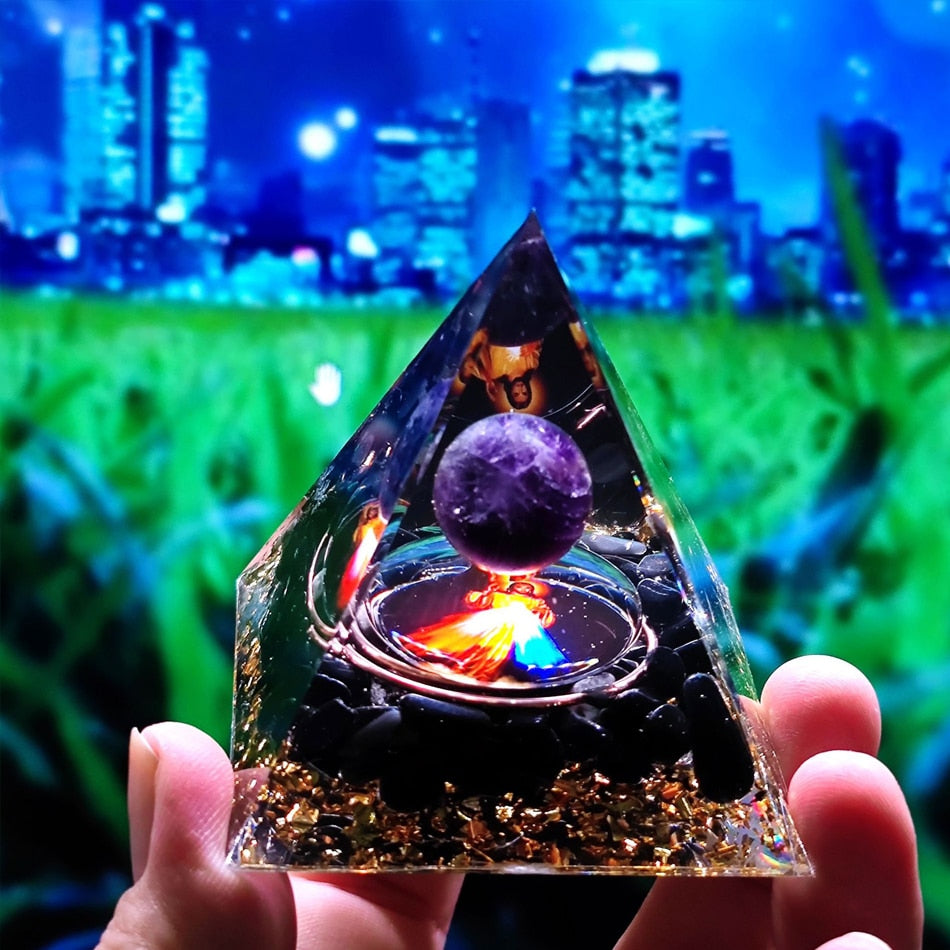 Orgone Pyramid Amethyst Peridot Healing Crystal Energy Generator Reiki Balancing Orgonite Pyramid EMF Protection Meditation Tool