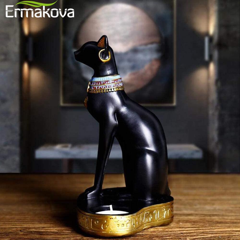 ERMAKOVA Egyptian Cat Craft Candlestick Candle Holder Resin Statue Retro Cat Goddess Figurine Home Office Garden Decoration Gift