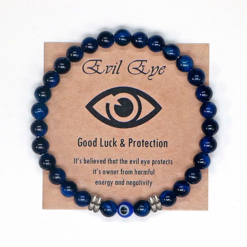 Natural Tiger Eye Beaded Bracelet Amulet For Protection Blue Evil Eye Bracelet For Defense Against Archons & Malevolent Forces.