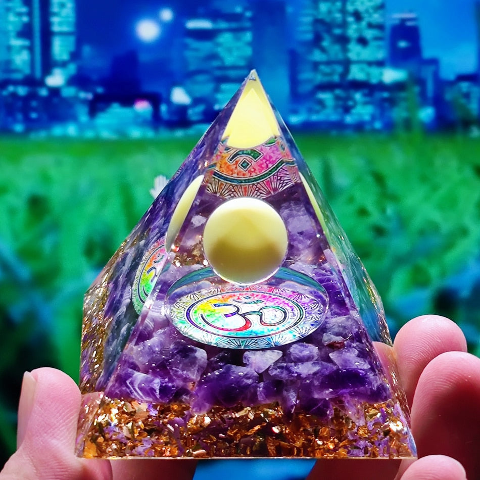 Orgone Pyramid Amethyst Peridot Healing Crystal Energy Generator Reiki Balancing Orgonite Pyramid EMF Protection Meditation Tool