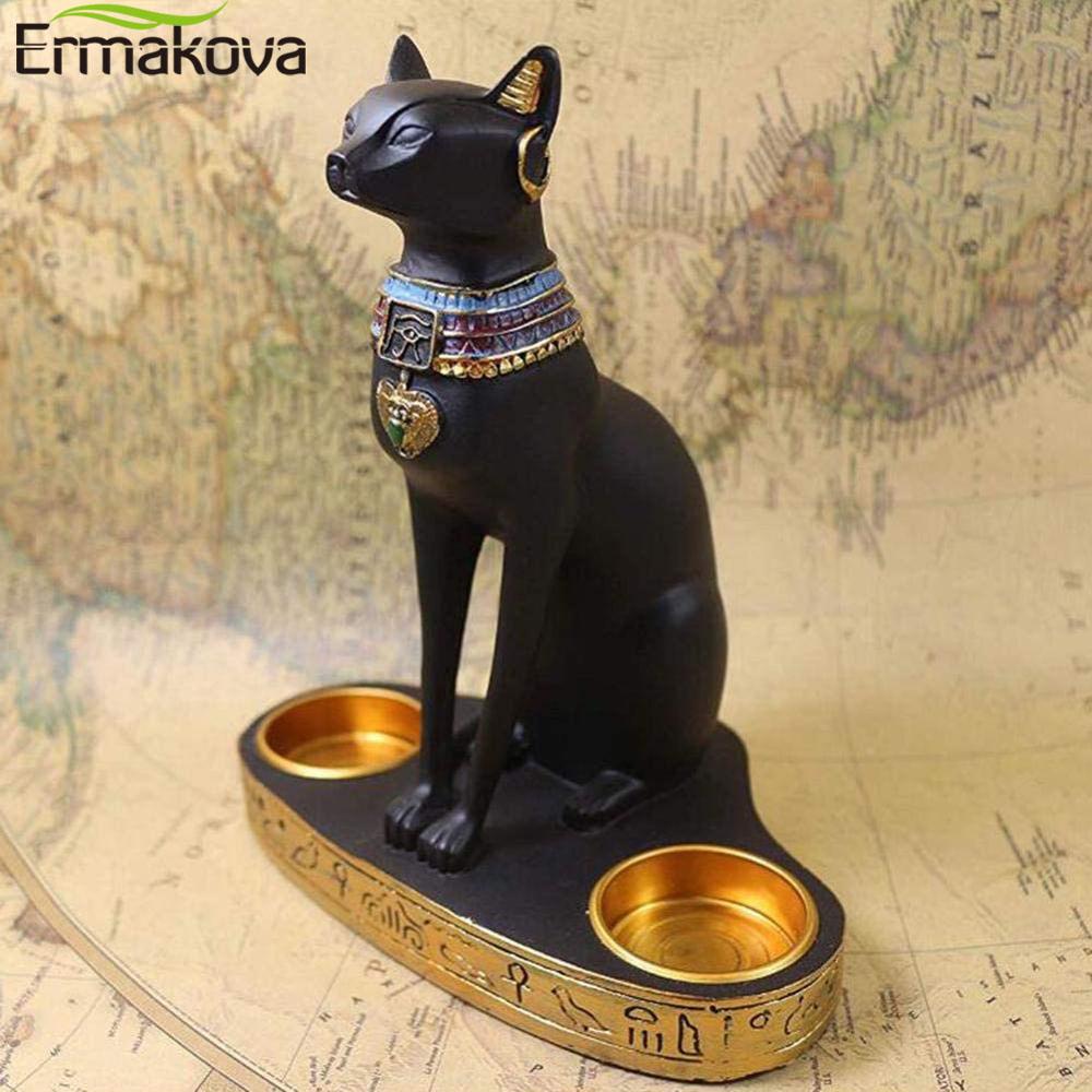 ERMAKOVA Egyptian Cat Craft Candlestick Candle Holder Resin Statue Retro Cat Goddess Figurine Home Office Garden Decoration Gift