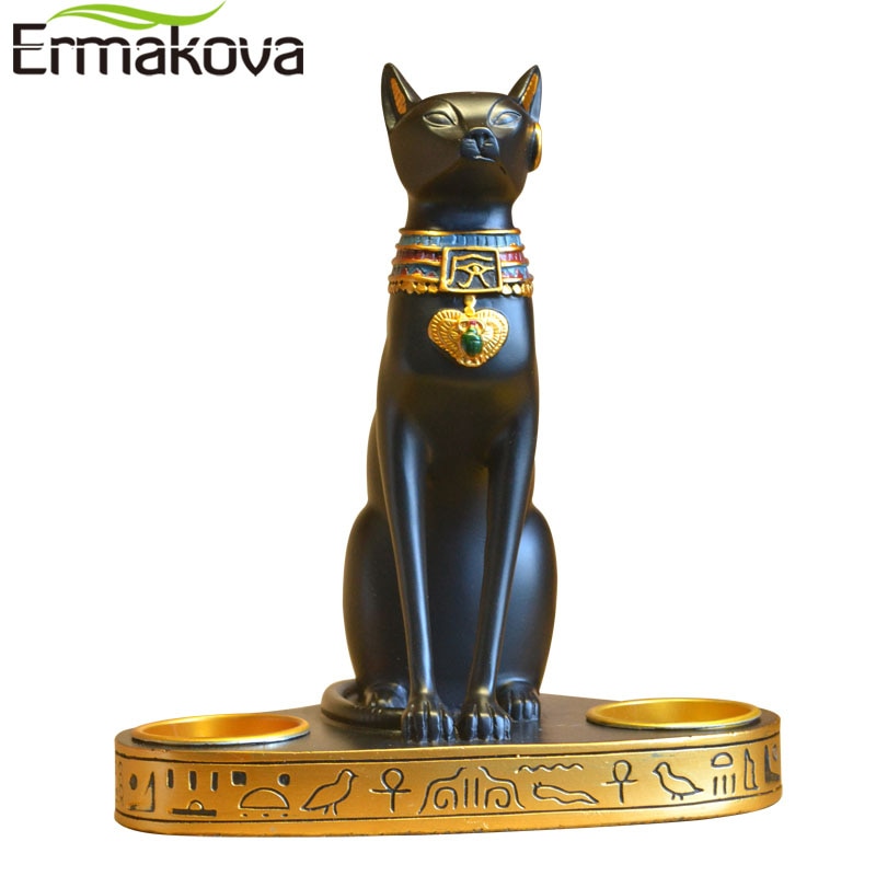 ERMAKOVA Egyptian Cat Craft Candlestick Candle Holder Resin Statue Retro Cat Goddess Figurine Home Office Garden Decoration Gift