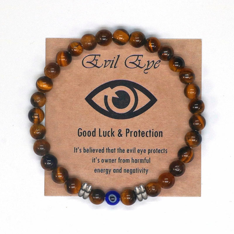 Natural Tiger Eye Beaded Bracelet Amulet For Protection Blue Evil Eye Bracelet For Defense Against Archons & Malevolent Forces.