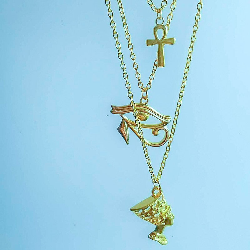 Layered Necklace Women Gold Ankh Cross Horus Nefertiti Anubis pendant Egypt Jewelry Accessories Spiritual Products Designer